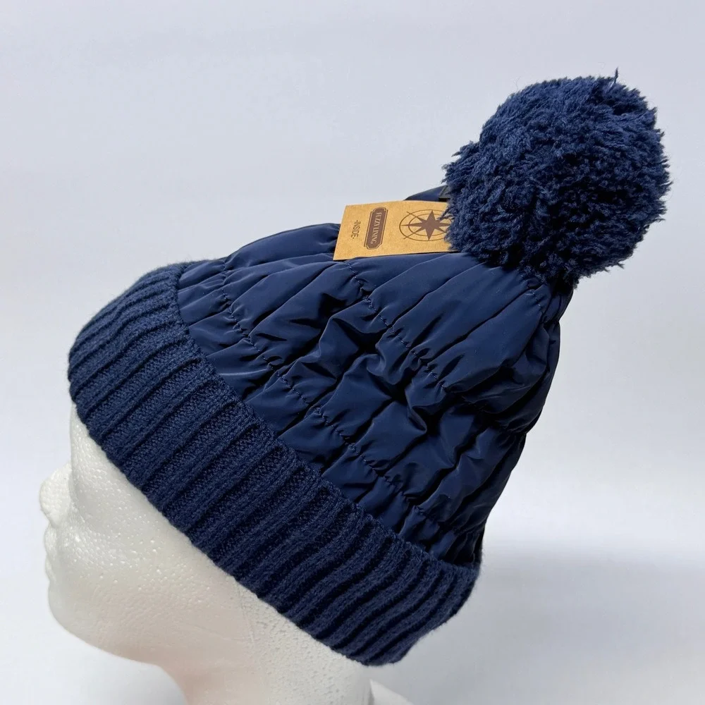 Fanes Paul Youth Navy Blue Puffer Knit Beanie Fuzzy Fleece Lined Pom Hat
