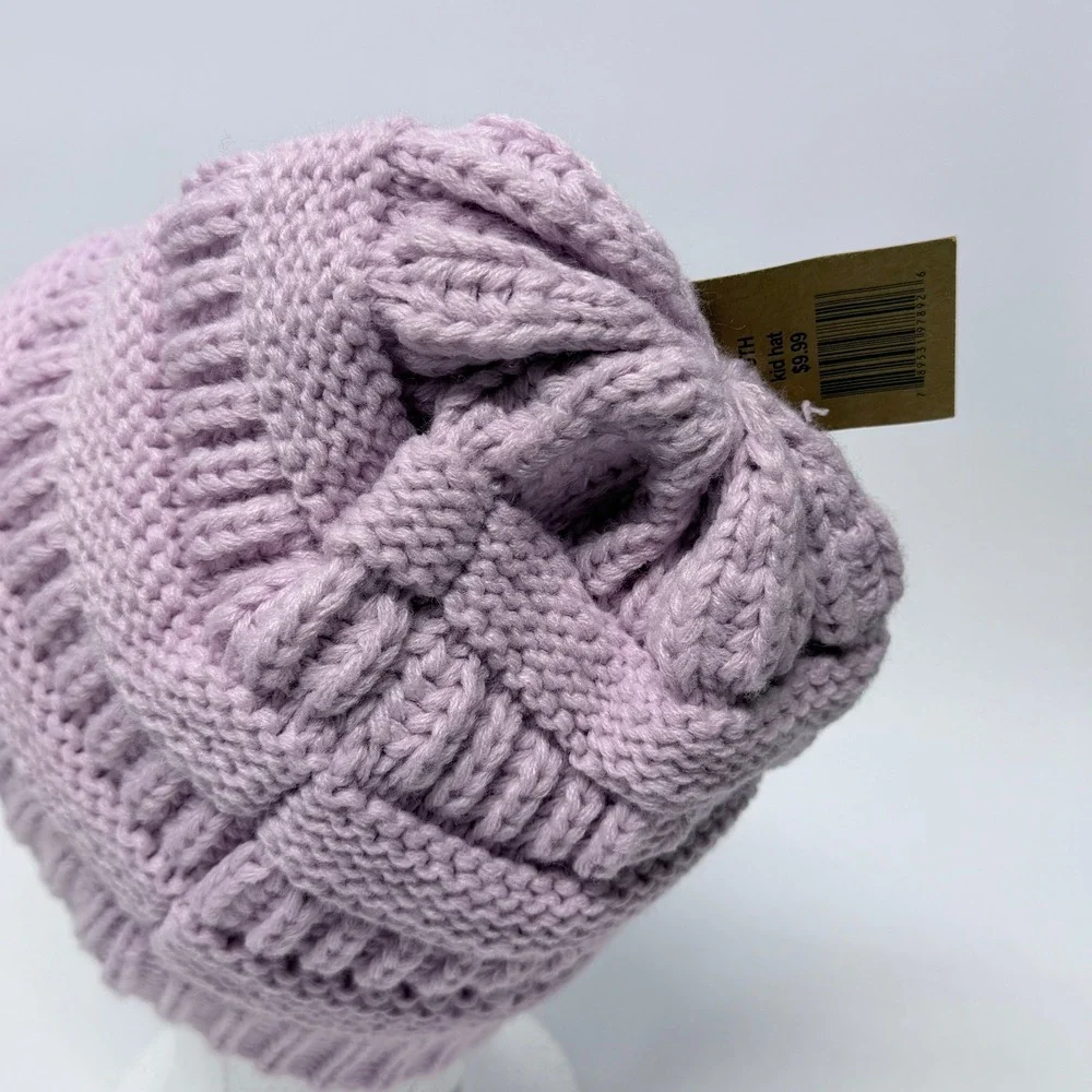 James Paul Youth Messy Bun Beanie Lavender Purple Cable Knit Ponytail Hat NEW