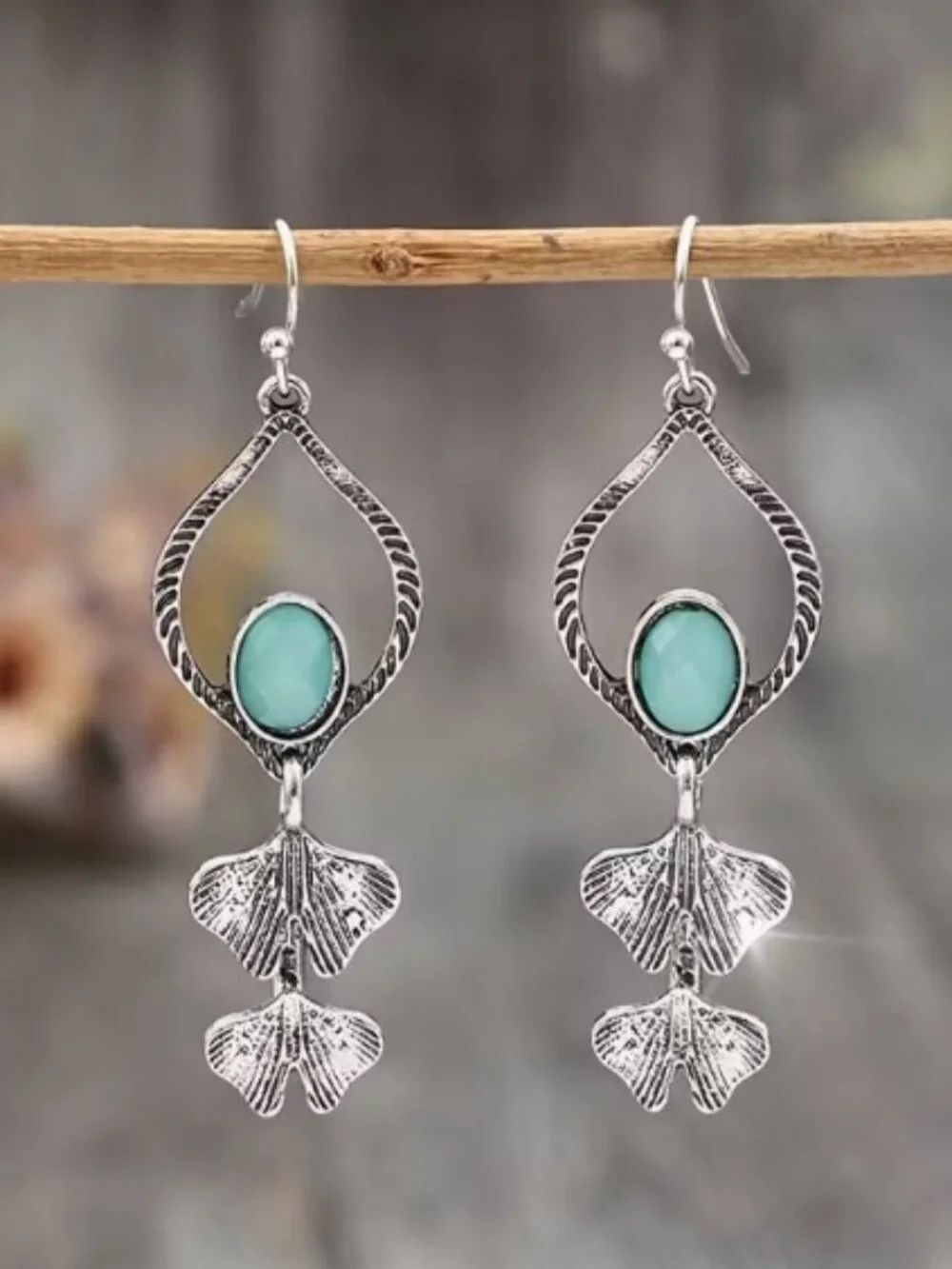 Water Drop Ginkgo Leaf Alloy Long Pendant Earrings Resin Gemstone