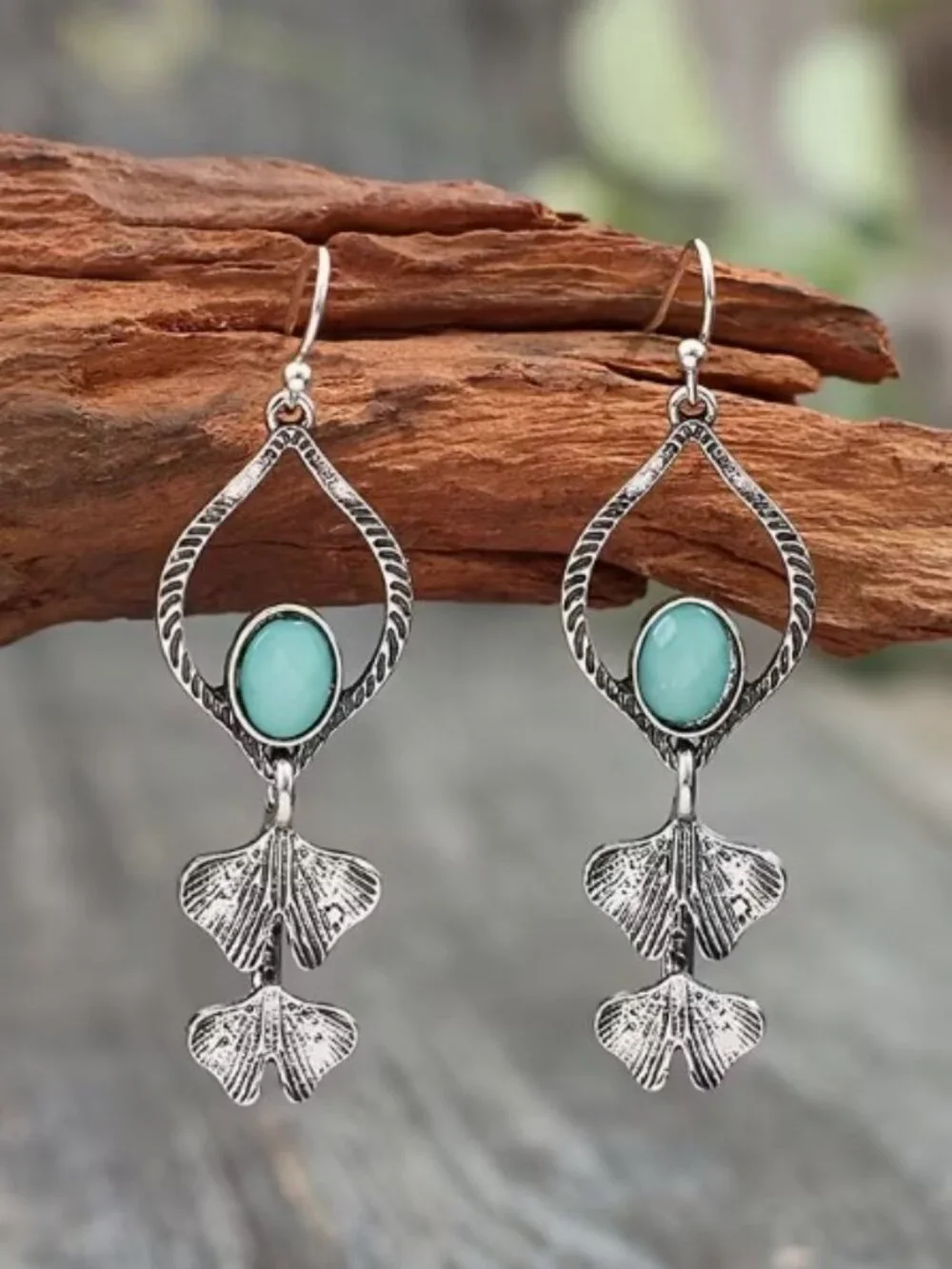 Water Drop Ginkgo Leaf Alloy Long Pendant Earrings Resin Gemstone