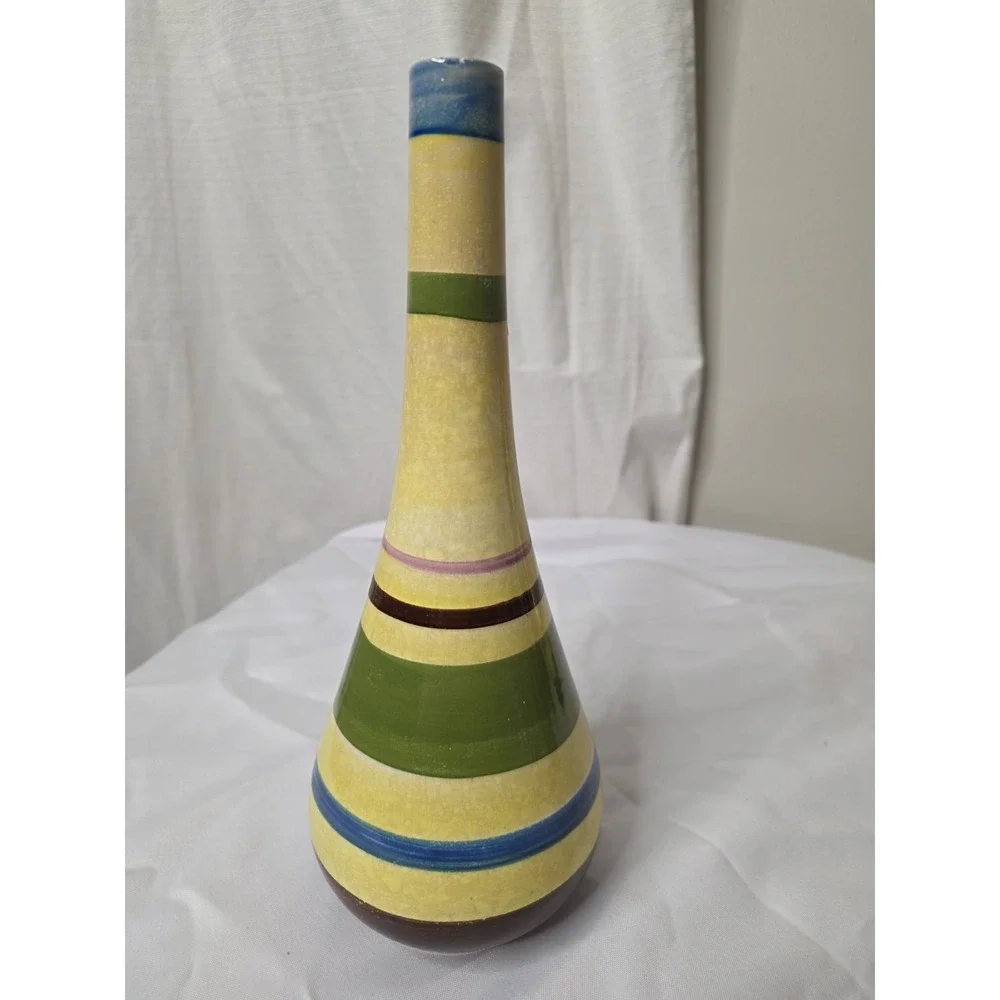 Vintage SECLA Portugal Hand Painted Striped Ceramic Bottle Vase Container