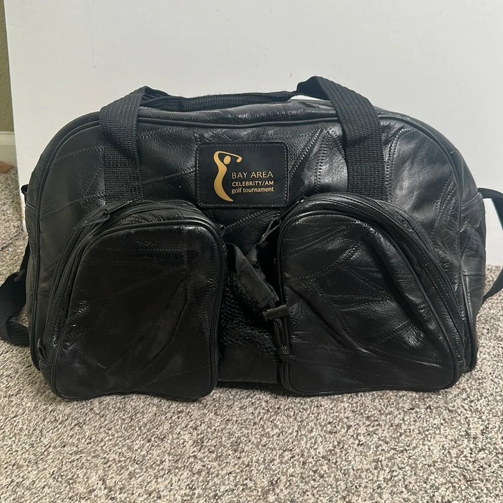 Black leather Bay Area celebrity/AM golf tournament bag