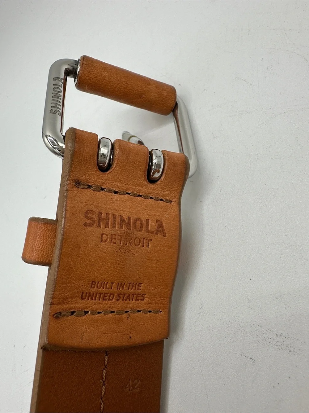 Shinola Detroit rare two-prong tan leather belt, size 42