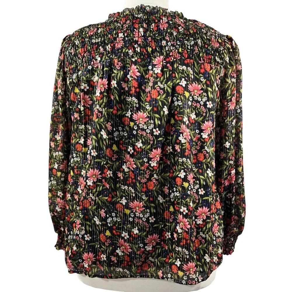 Old Navy Smocked Dark Floral Shine Blouse Chiffon Shimmering Ditsy Romantic
