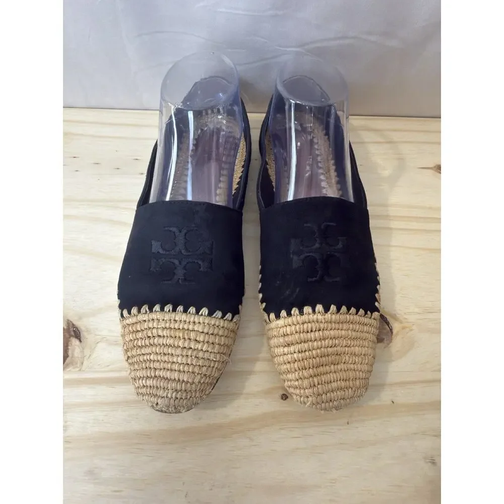 Tory Burch Arianne Espadrilles Black Suede Raffia Logo Flats Women's Size 8M