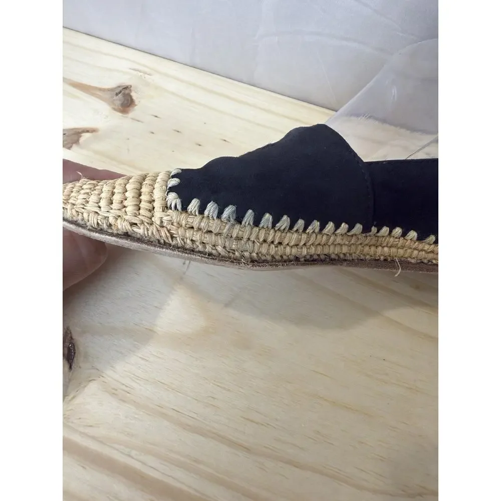 Tory Burch Arianne Espadrilles Black Suede Raffia Logo Flats Women's Size 8M