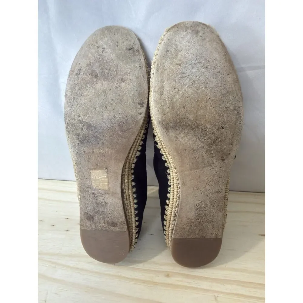 Tory Burch Arianne Espadrilles Black Suede Raffia Logo Flats Women's Size 8M