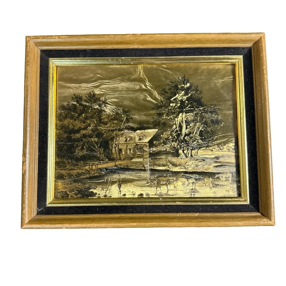 Vintage Currier & Ives Gold‎ Foil Etched Art Farmhouse Landscape Wood Frame 6x8