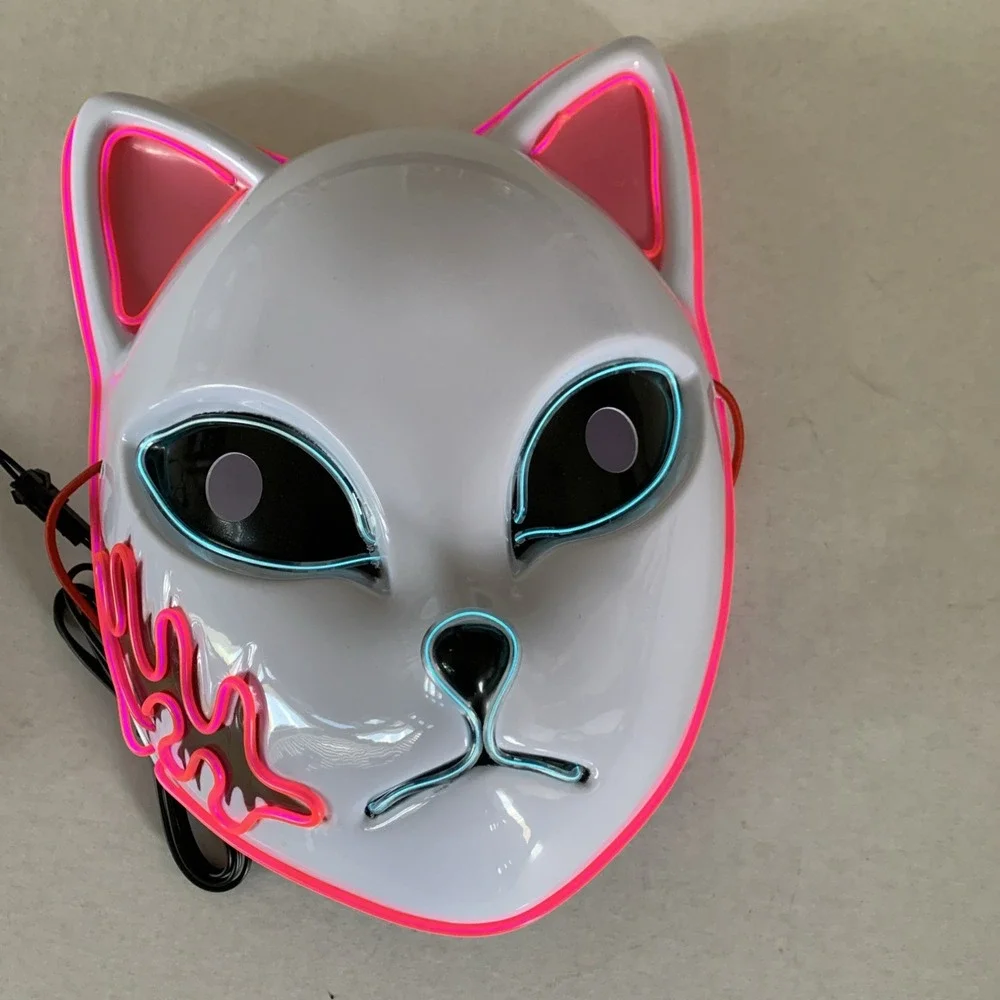 Anime Demon Slayer LED‎ Light up Mask White W Pink And Blue Light Halloween