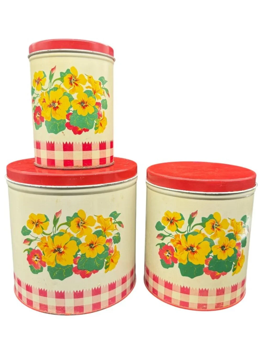 Vtg 40s Gingham Nasturtiums Floral Pattern Red Metal Canisters Nesting Lot 3