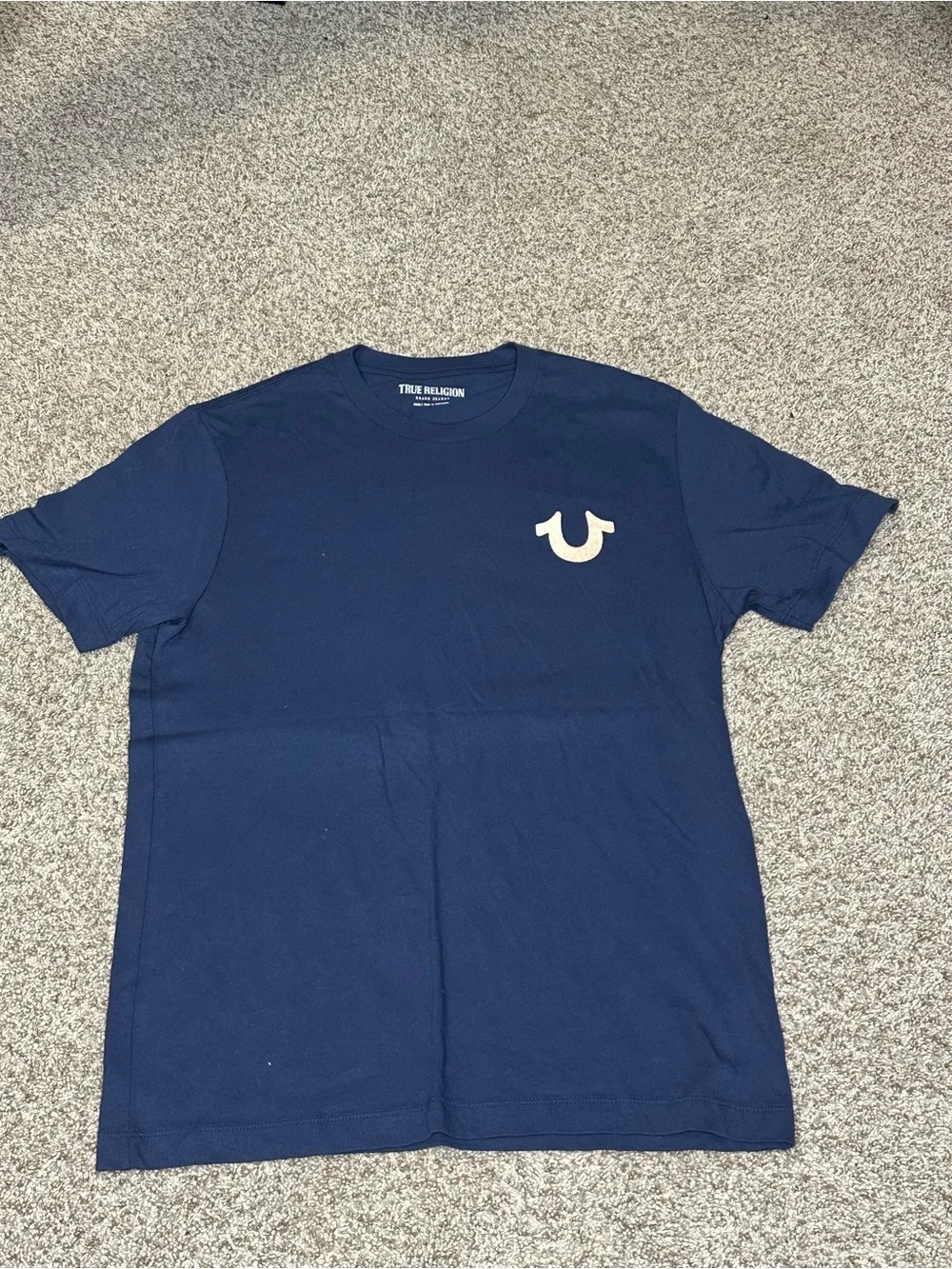 True Religion Men's Navy T-Shirt with Cream Horseshoe Logo