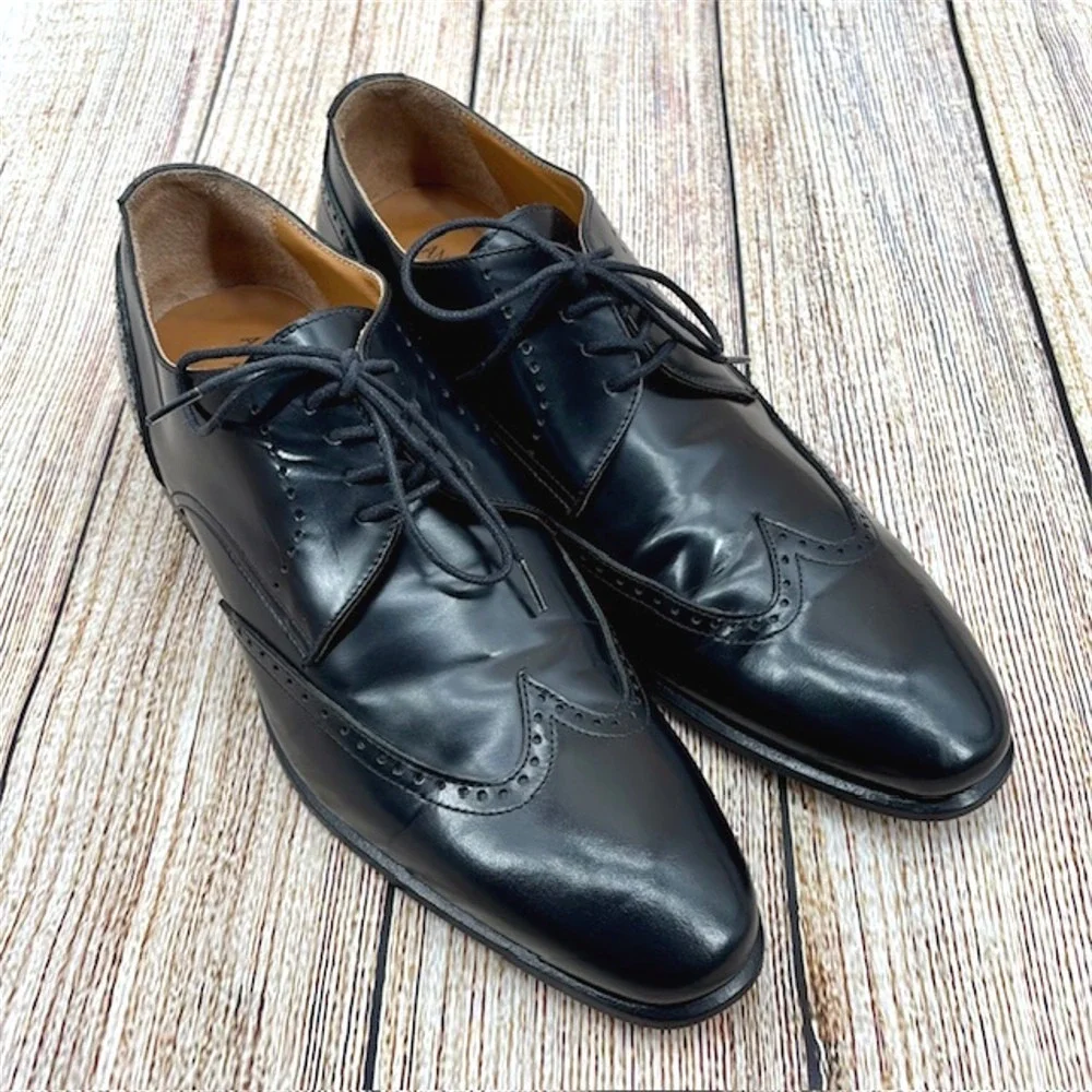 Angelo Pallotta Men's‎ Size 9 US 42 EU Black Leather Lace Up Wingtip Oxfords