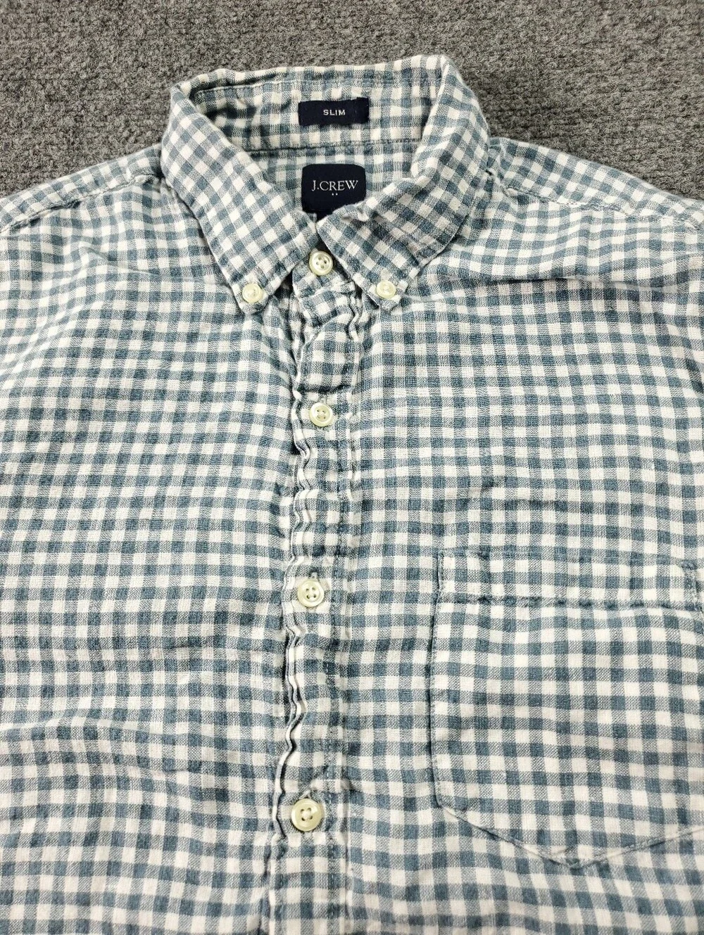 J Crew Linen Shirt Medium Gingham Check Button Down Oxford Blue White Summer