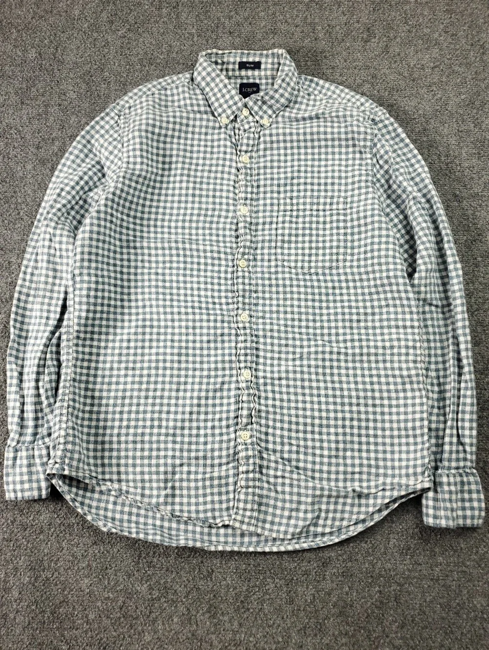 J Crew Linen Shirt Medium Gingham Check Button Down Oxford Blue White Summer