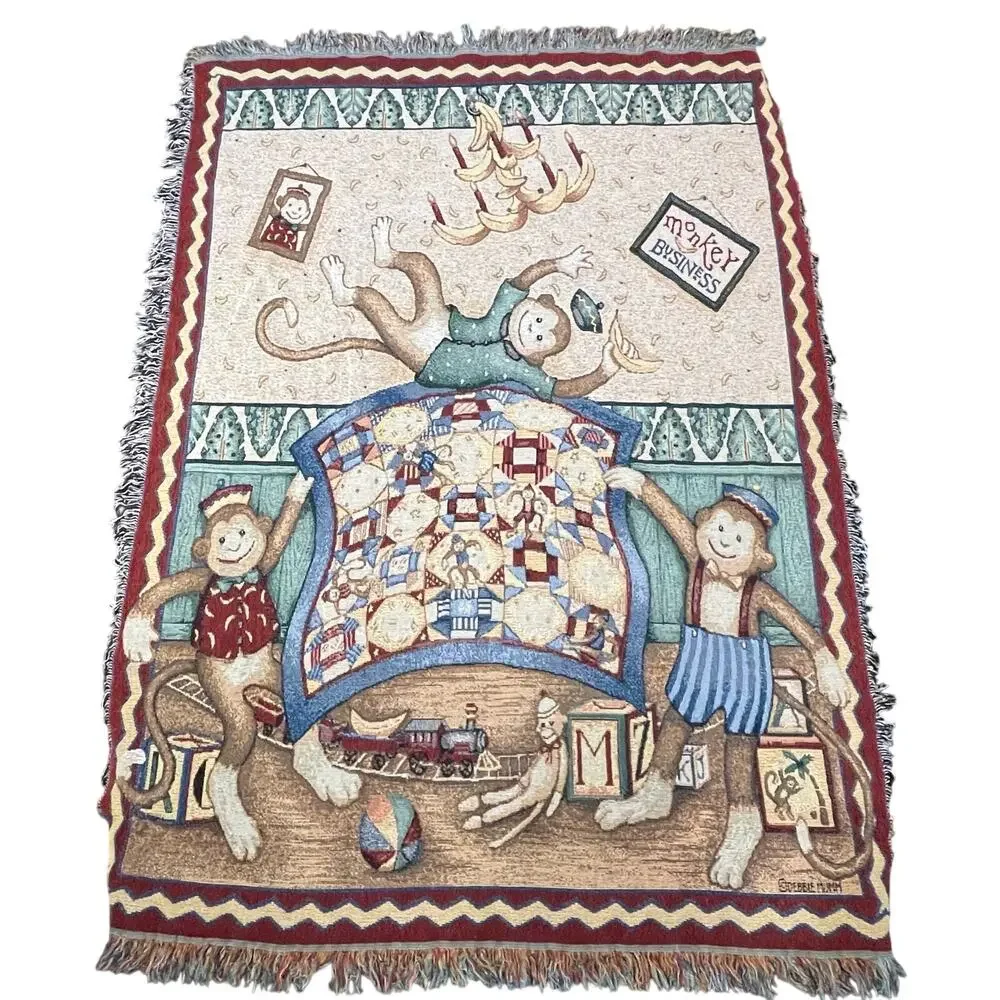 VTG Monkey Business Tapestry Bananas‎ Debbie Mumm Quilt Woven Nursery Decor Kids