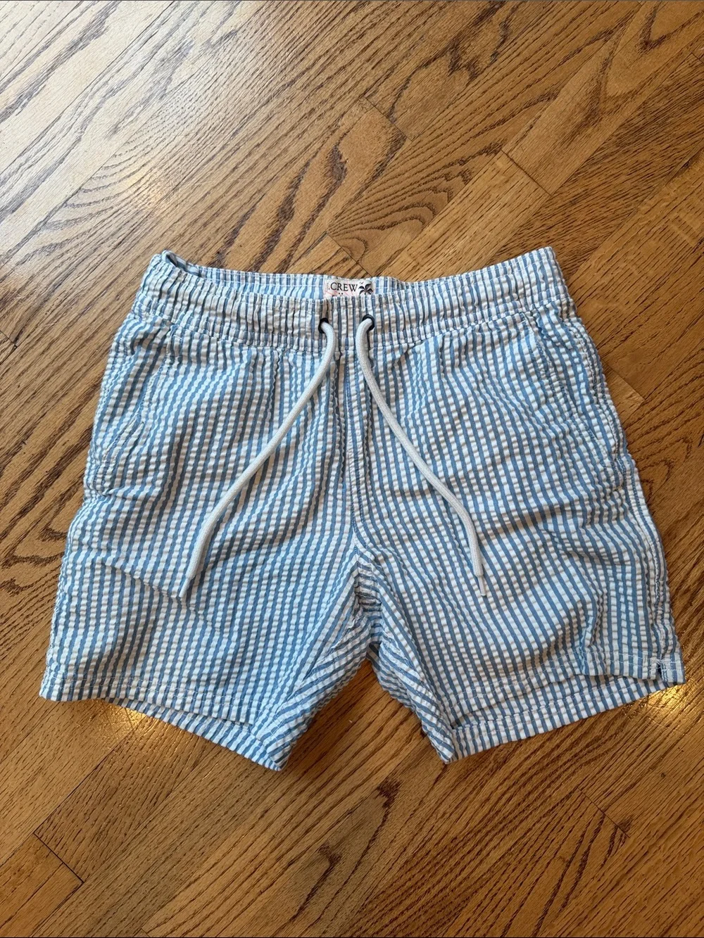 J. Crew Light Blue and White Striped Seersucker Swim Trunks