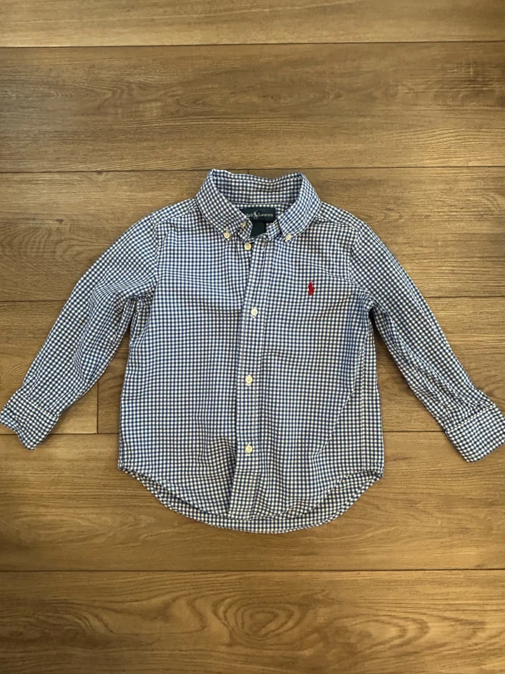 Ralph Lauren Boys 3T Blue Gingham Button Down Shirt Red Pony