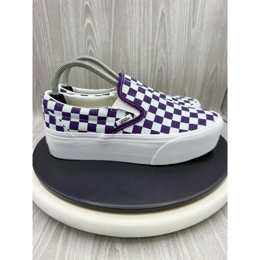Vans Classic Slip On Stackform Checkerboard Womens 7 Purple Gray Platform Shoes