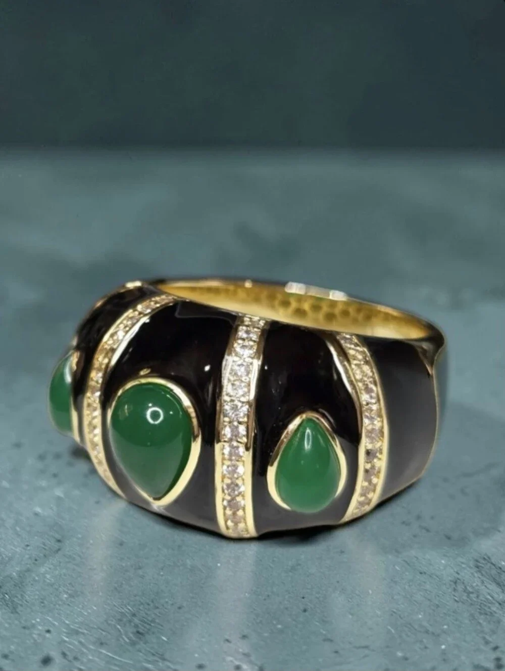 18k Gold Plated Luxury Onyx Enamel Green Onyx Cabochon Domed Statement Ring
