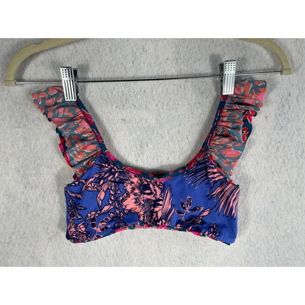 Maaji Kids Reversible Ruffle Bikini Top Floral Abstract Blue Pink Swim Size 12