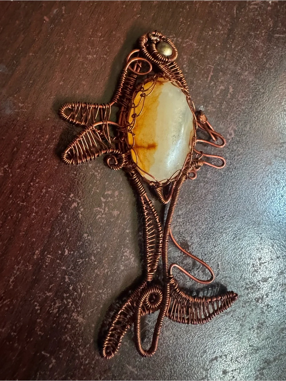 Handmade Copper Wire Fish Pendant with Amber Stone