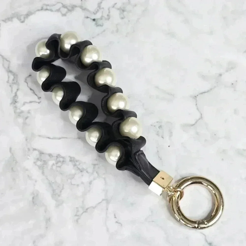 Black Faux Leather Pearl Accent Circle Clip Hook Wristlet‎ Keychain