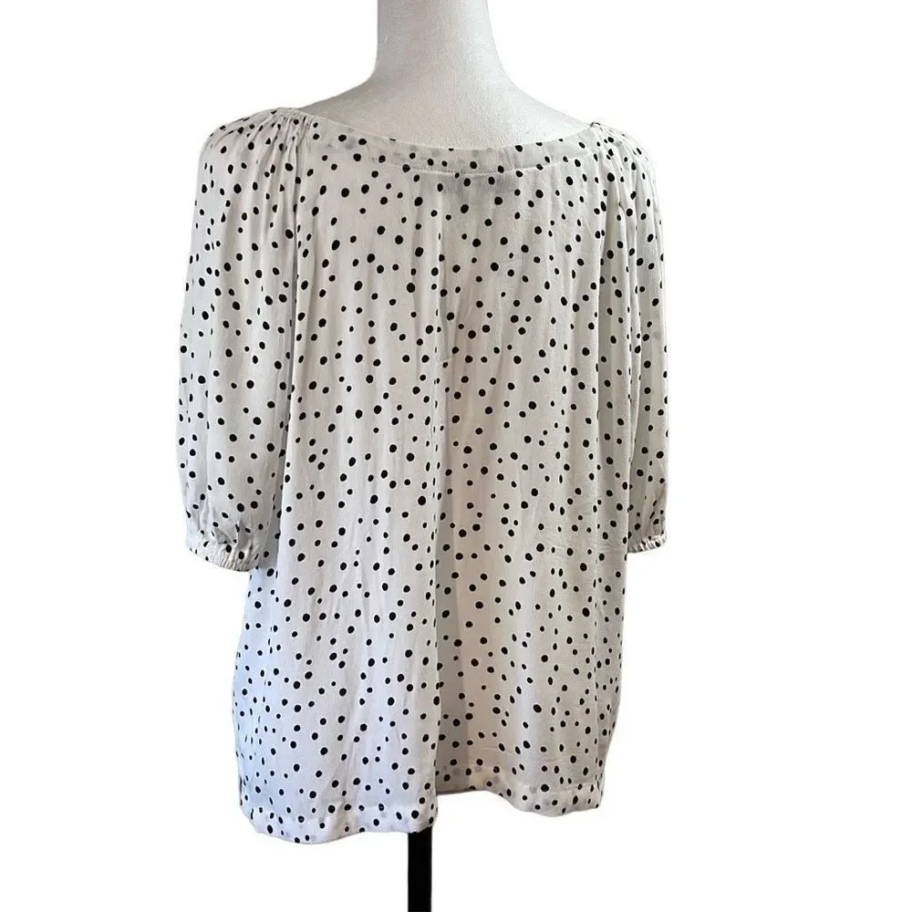 Loft Women's Polka Dots Blouse‎ Balloon Half Sleeve Top Rayon White Petite MP