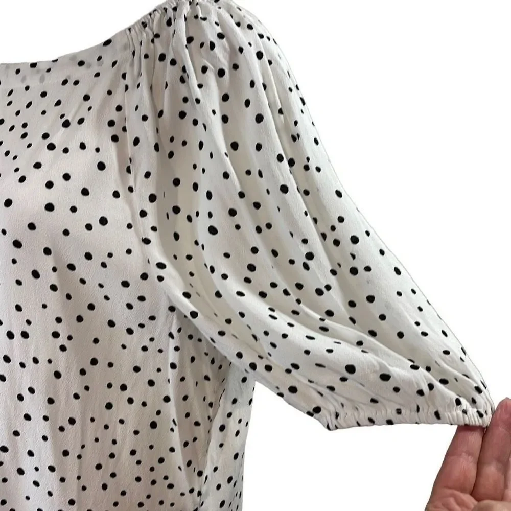 Loft Women's Polka Dots Blouse‎ Balloon Half Sleeve Top Rayon White Petite MP