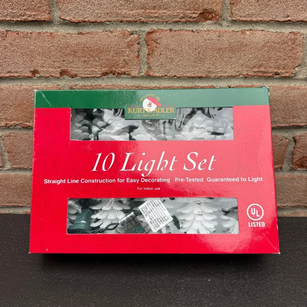 Kurt Adler Vintage 10 Light Set White Glitter Pinecone Christmas String Lights