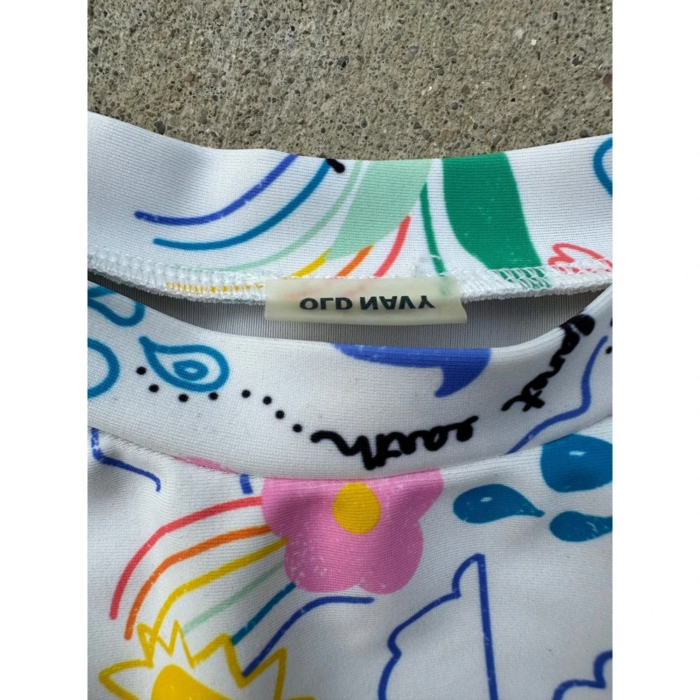 Old Navy‎ Kids White Nature Earth Doodle Long Sleeve Rash Guard Swim Top 5T