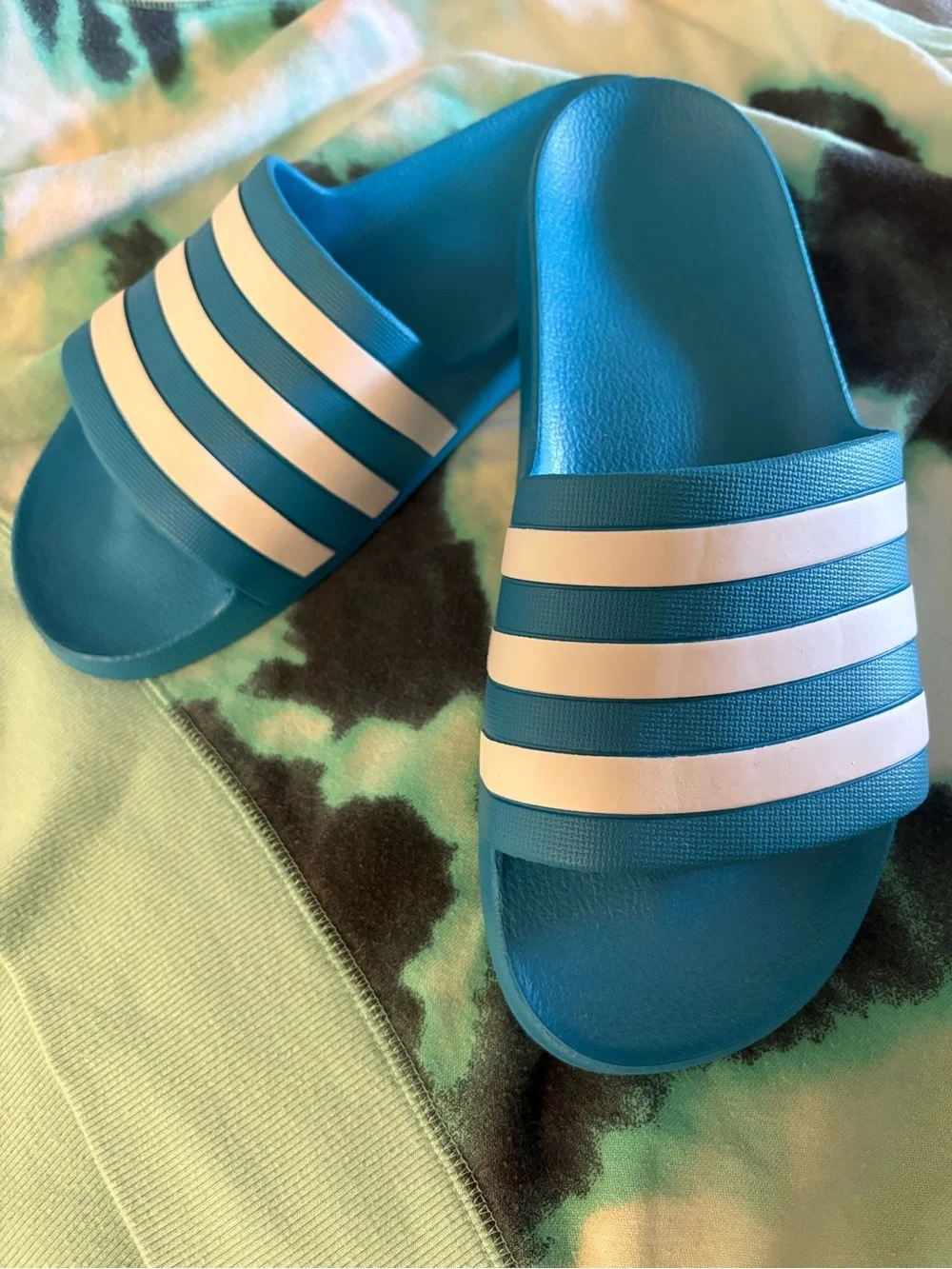 NEW- Unique Turquoise Blue Adidas striped classic summer Slides Slip on Sandals