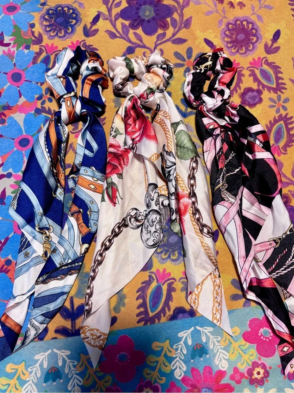 Silky Floral & Chain Print Scarf Scrunchie Trio (Blue, Cream, Black)