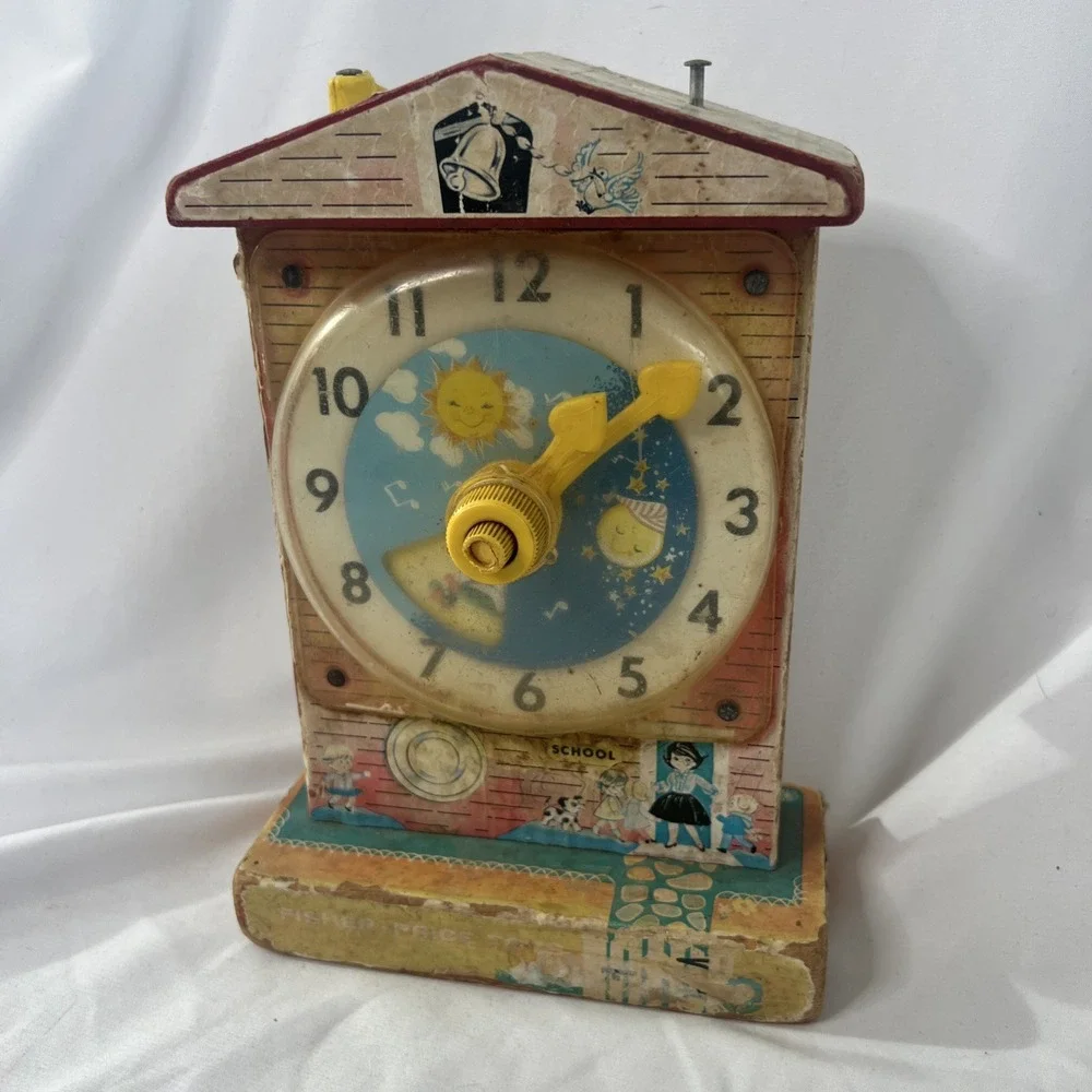 1968 Fisher Price Music Box Teaching Clock 998 School Toy Vintage‎ WORKS FAIR