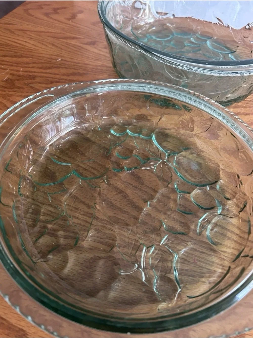 Libbey Large Round Green Glass Casserole Dish + Lid Orchard Fruit Pattern 3qt