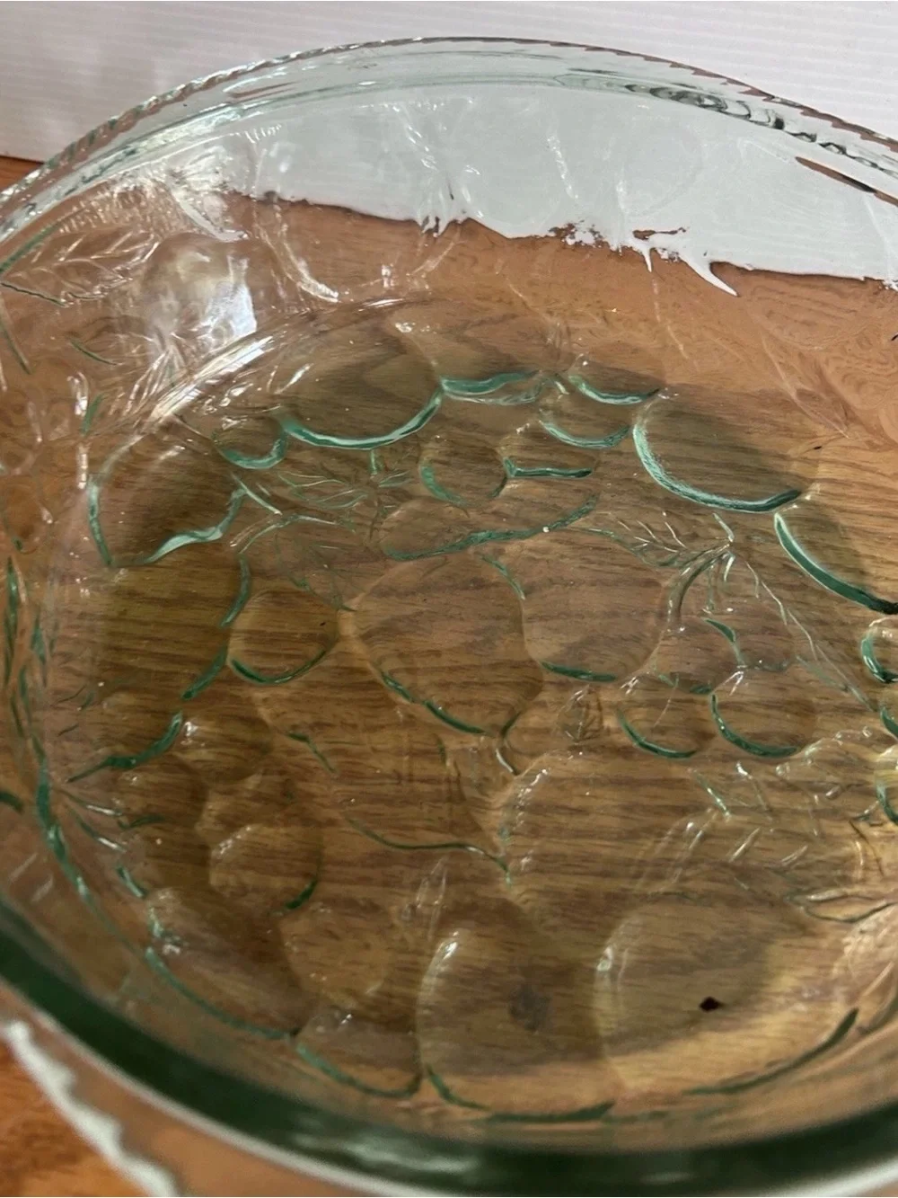Libbey Large Round Green Glass Casserole Dish + Lid Orchard Fruit Pattern 3qt