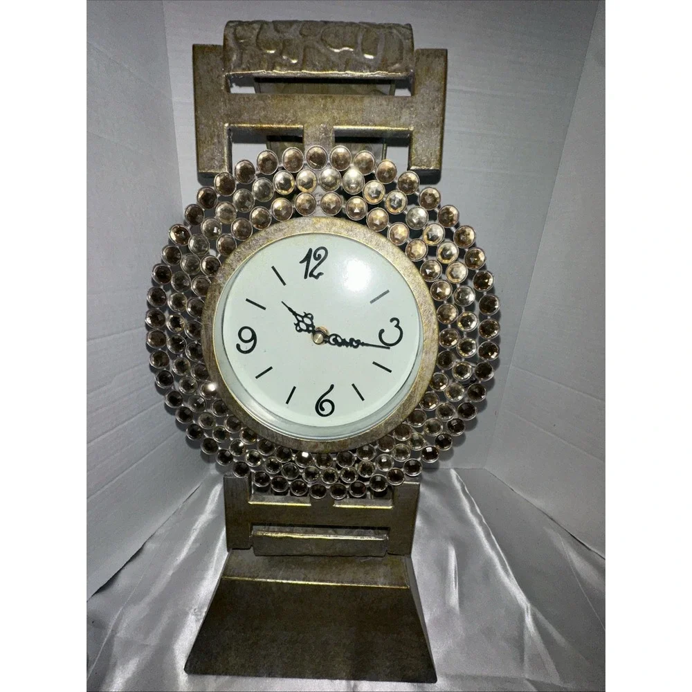 Oversized Wristwatch Style Desk Clock Gold Tone Crystal Bejeweled Table Decor