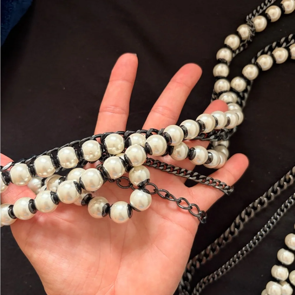 ZARA Pearl Chain Waist Belt Black & White Statement Belt