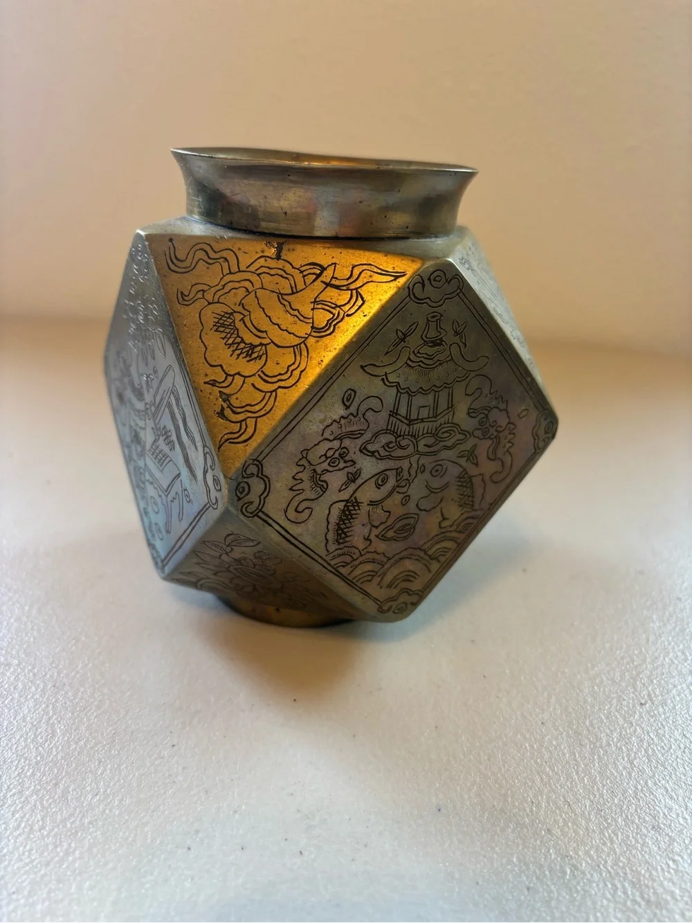 Antique 1940s Brass Hexagonal Decorative Vase - Brass Finish