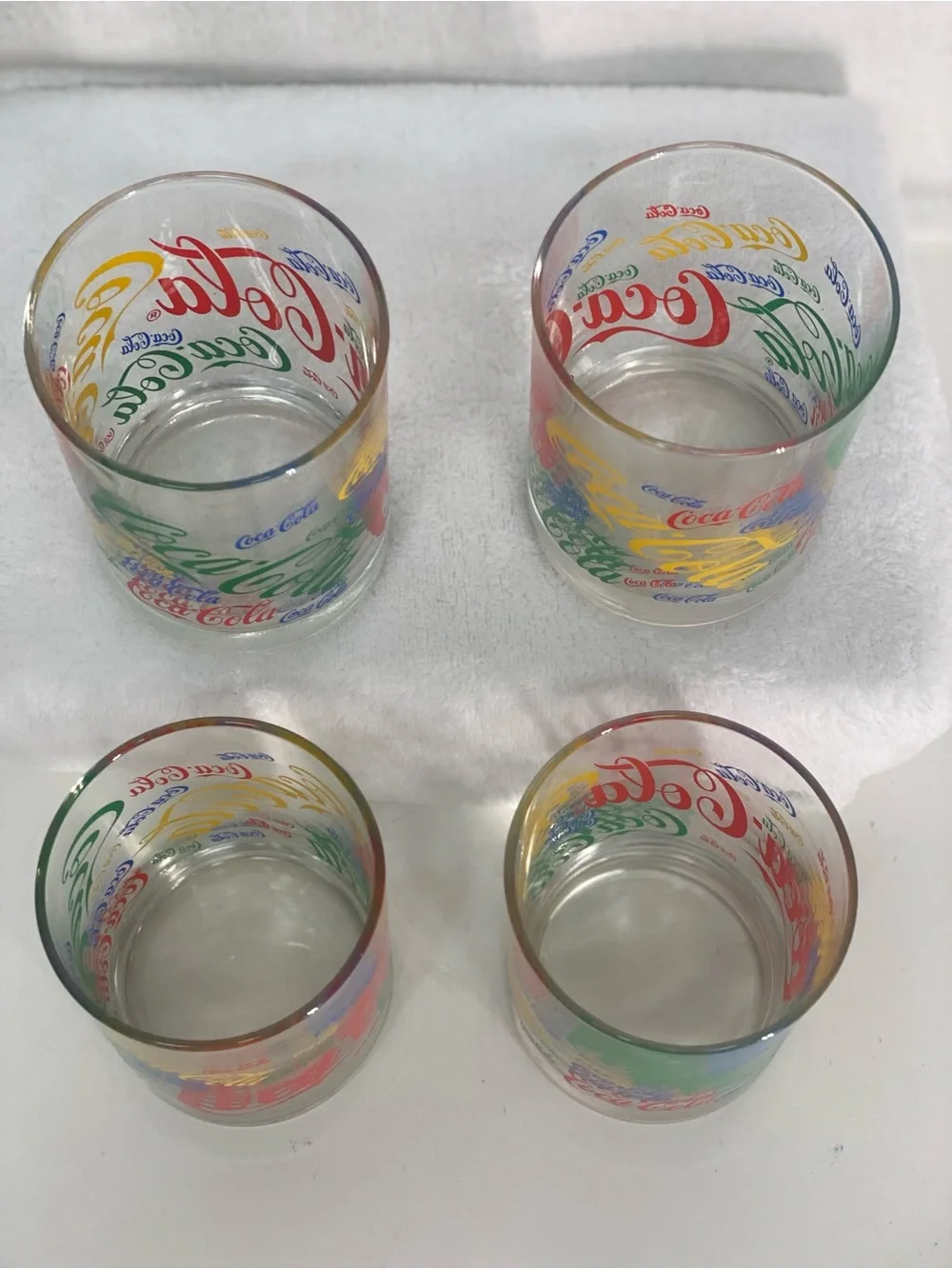 Coca Cola Set of 4 Multicolor Logo Glass 12 ounce Retro Repeated Logo Colorful