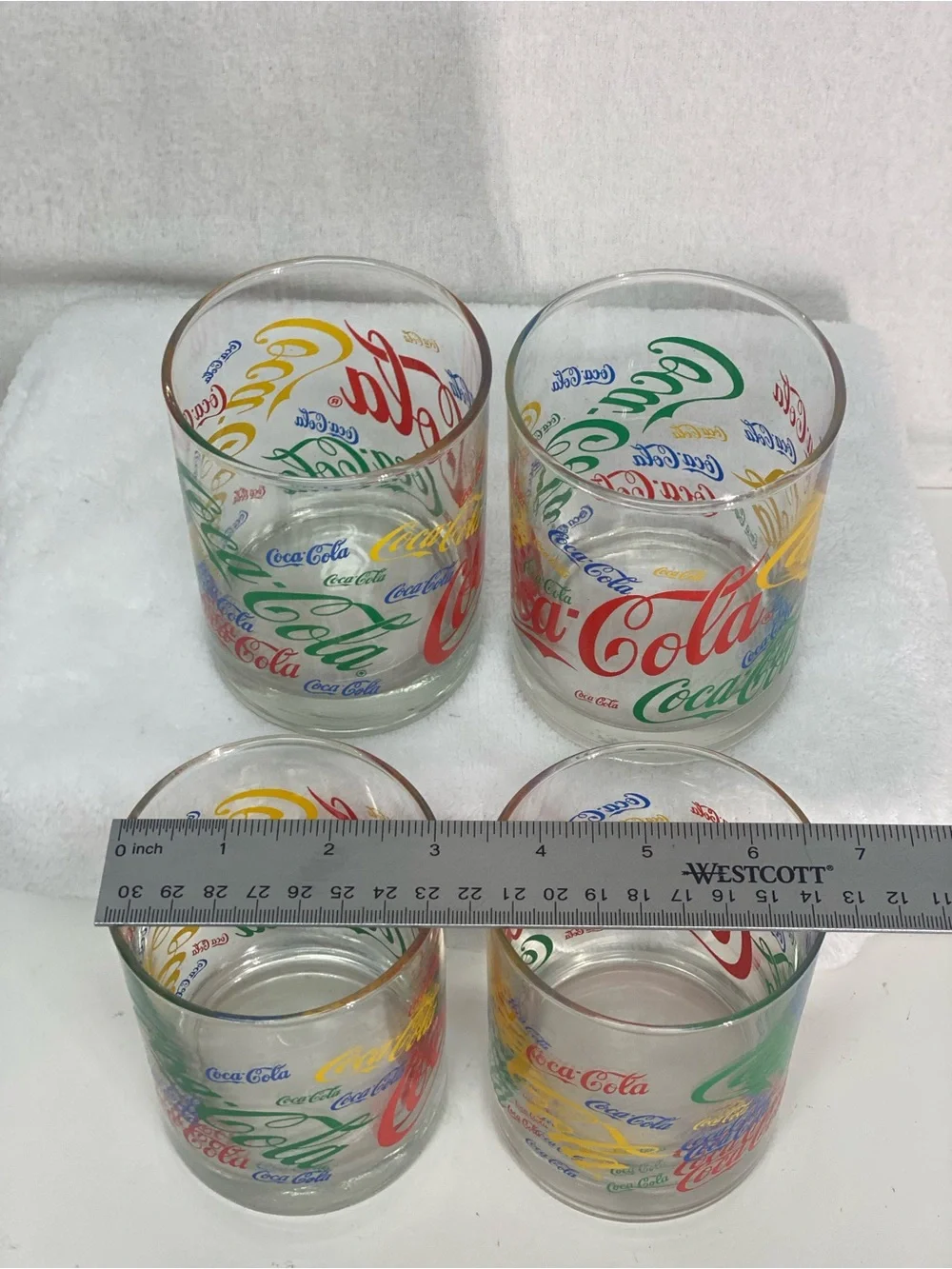 Coca Cola Set of 4 Multicolor Logo Glass 12 ounce Retro Repeated Logo Colorful