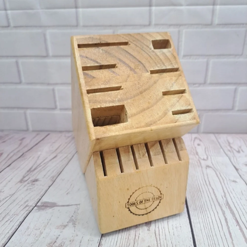 Kitchen Knife Block Wood Butcher Block Style 14 Slots Cutters Sharpener Steak 9
