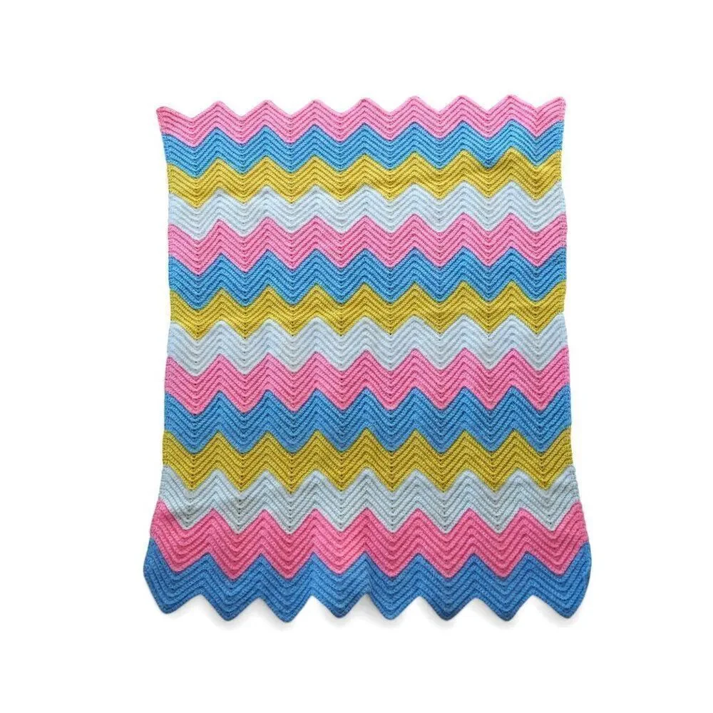 Handmade Chevron Crochet Knitted Baby Blanket Pink Blue Yellow‎ White 27