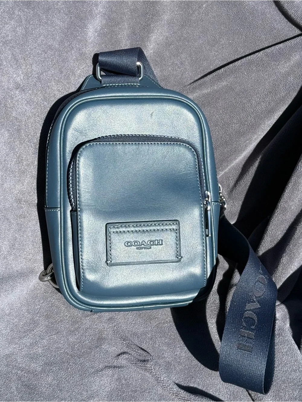 COACH Racer Sling Pack In Smooth Leather in Dark Denim Blue with Silver Hardware