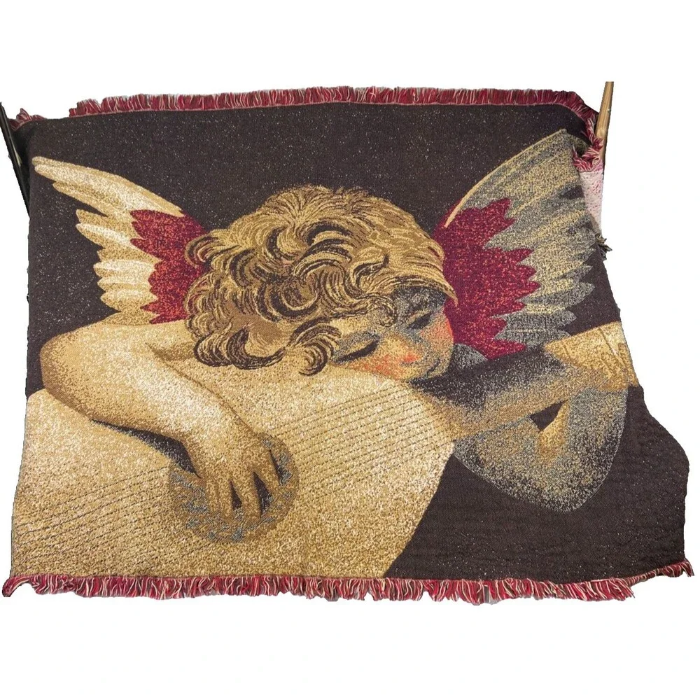 Vintage Woven Cherub Angel Harp Tapestry Throw Blanket Fringe 60x42in Cottage