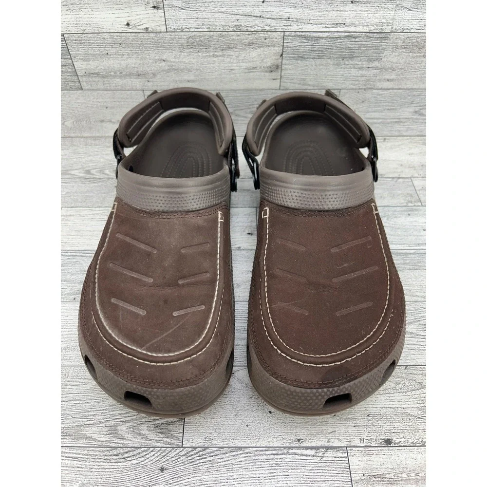 Crocs Yukon Sport Men Size 11 Brown Leather Overlay Clogs Adjustable Strap Shoes