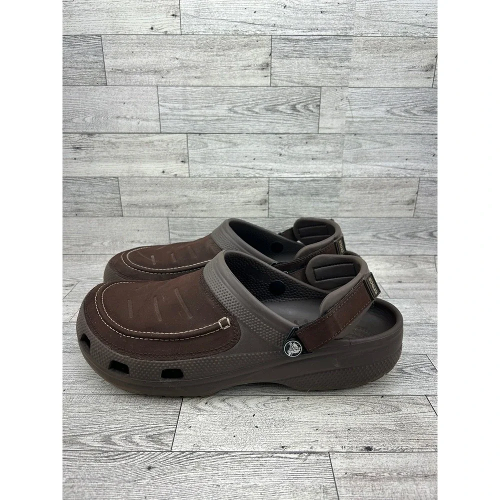 Crocs Yukon Sport Men Size 11 Brown Leather Overlay Clogs Adjustable Strap Shoes