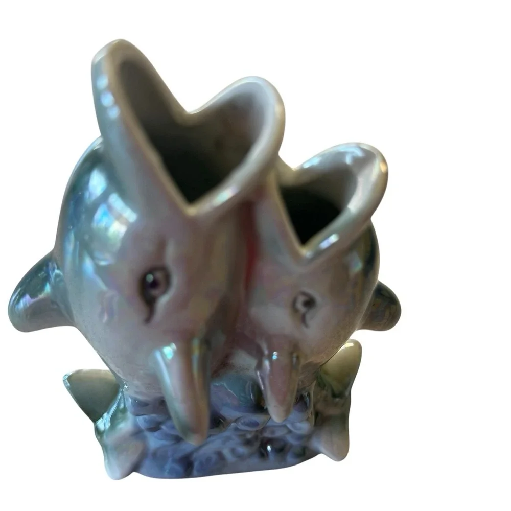 Vintage Iridescent Lusterware Two Dolphin Double Mouth Bud Vase Made in China 8