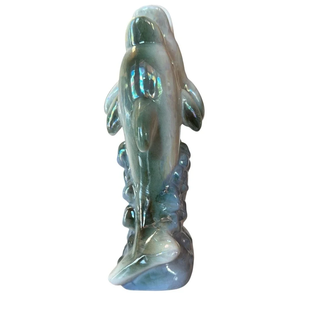 Vintage Iridescent Lusterware Two Dolphin Double Mouth Bud Vase Made in China 8