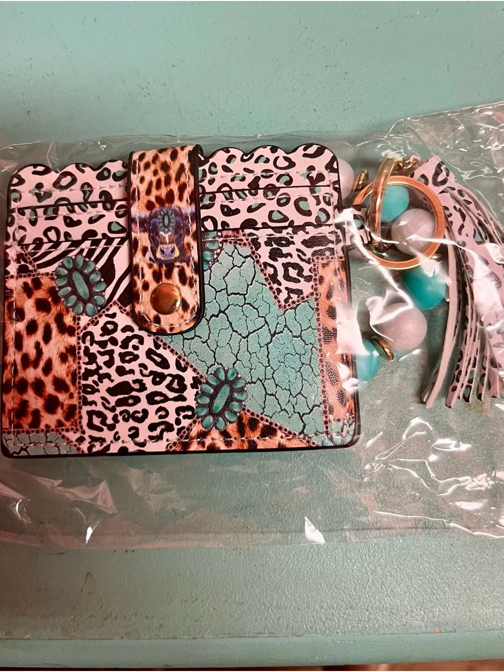 Turquoise Patchwork Animal Print Card Holder with Tassel Keyring