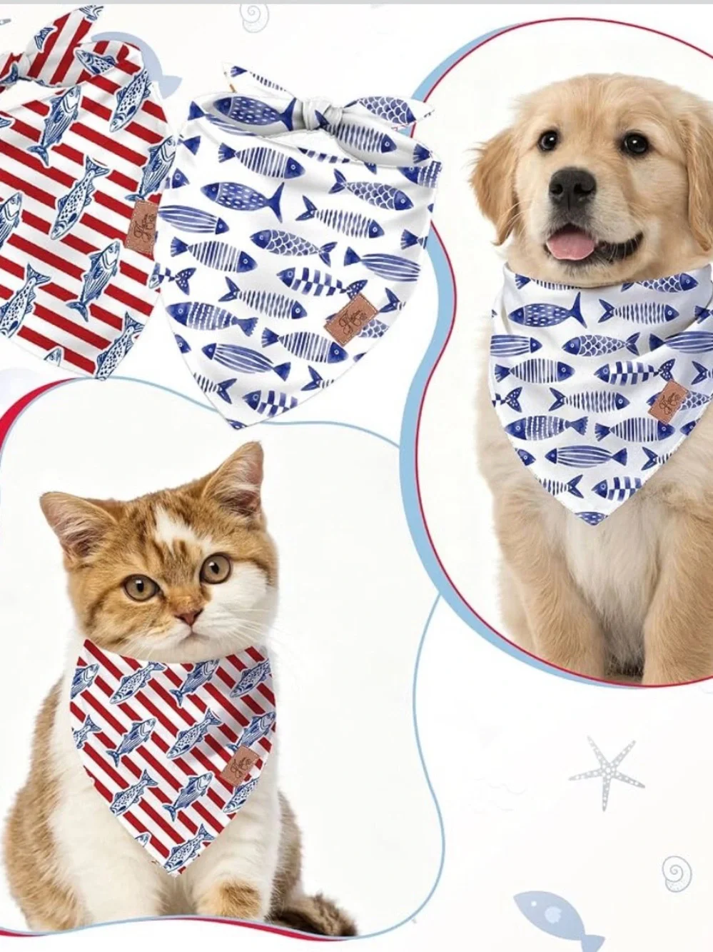 Amazon Reversible Dog Bandanas – Blue Fish & Red Stripe Set